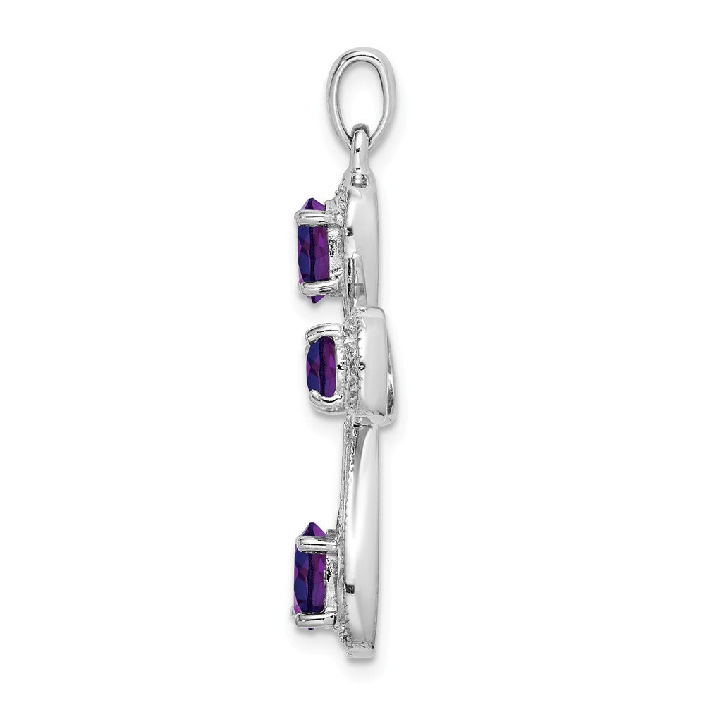 Million Charms 925 Sterling Silver Rhodium-plated Amethyst & Diamond Relgious Cross Pendant