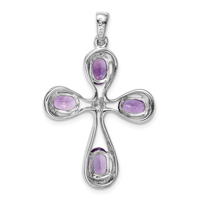 Million Charms 925 Sterling Silver Rhodium-plated Amethyst & Diamond Relgious Cross Pendant