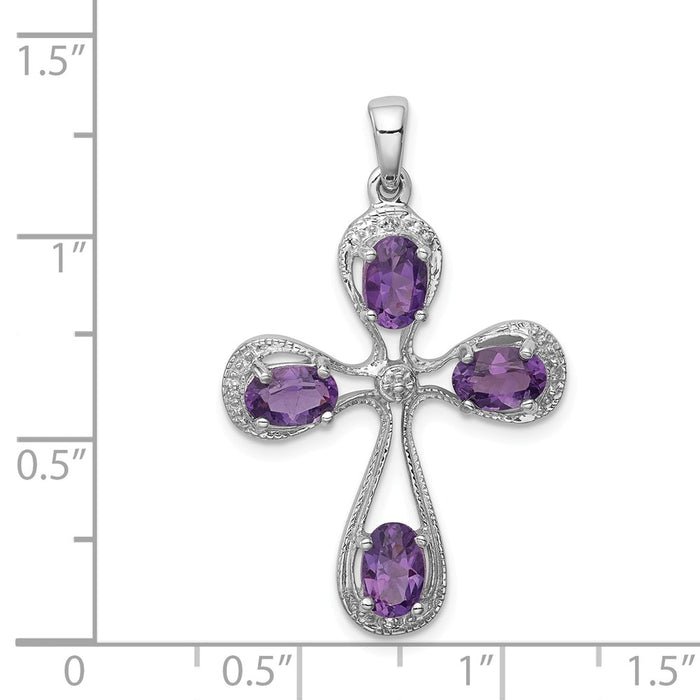 Million Charms 925 Sterling Silver Rhodium-plated Amethyst & Diamond Relgious Cross Pendant