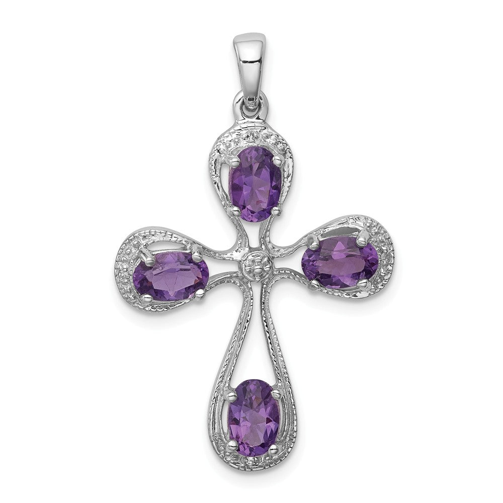 Million Charms 925 Sterling Silver Rhodium-plated Amethyst & Diamond Relgious Cross Pendant