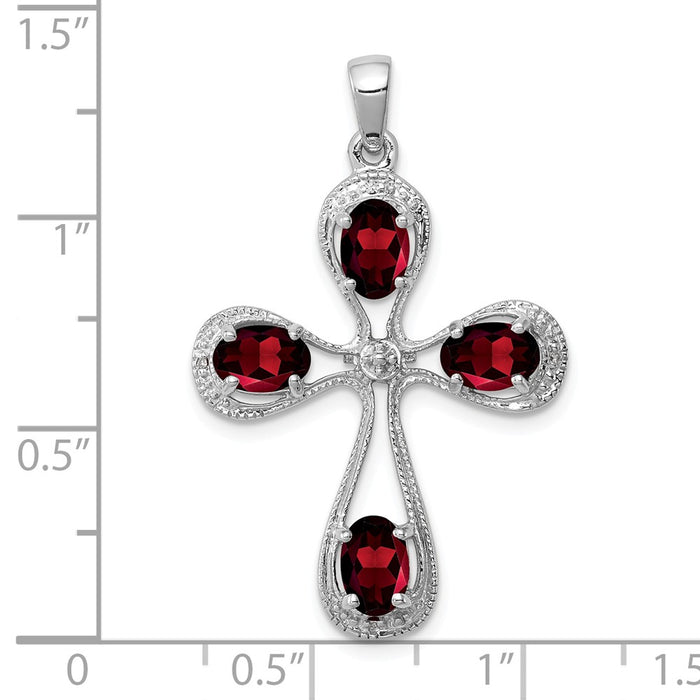 Million Charms 925 Sterling Silver Rhodium-plated Garnet & Diamond Relgious Cross Pendant