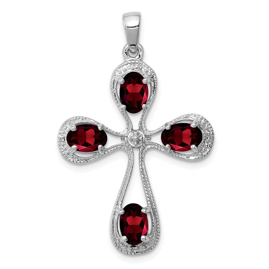 Million Charms 925 Sterling Silver Rhodium-plated Garnet & Diamond Relgious Cross Pendant