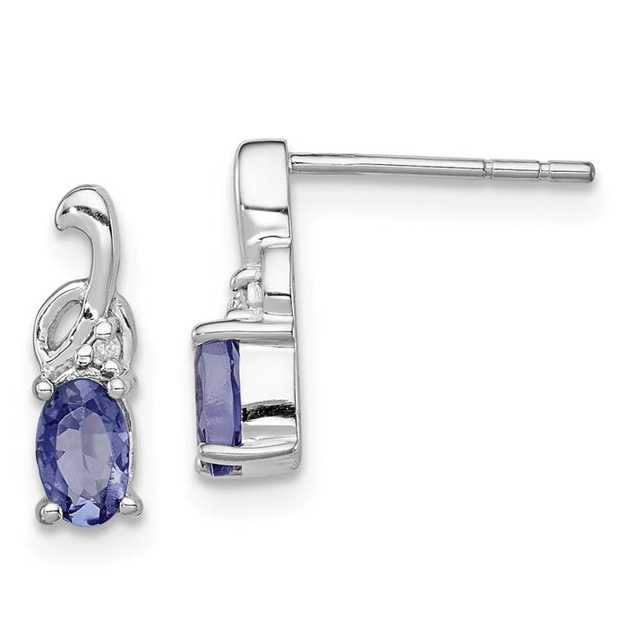 925 Sterling Silver Rhodium-Plated Diamond Tanzanite Oval Post Earrings, 14mm x 3mm