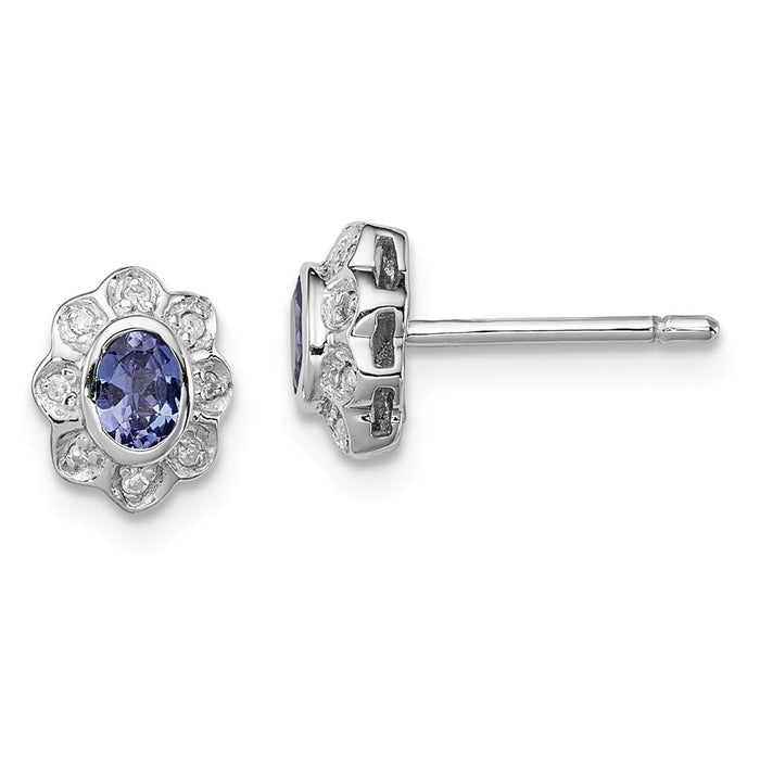 925 Sterling Silver Rhodium-plated Tanzanite & Diamond Earrings, 8mm x 7mm