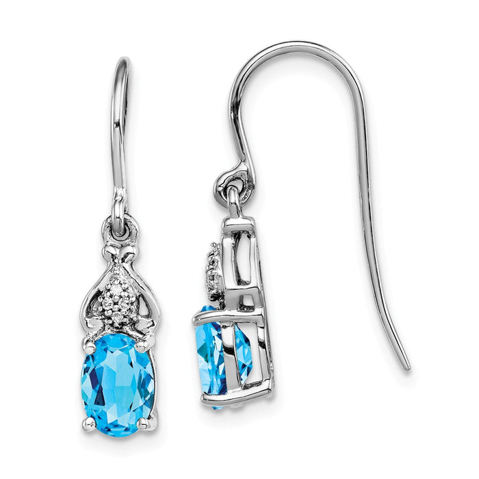 925 Sterling Silver Rhodium-plated Diamond and Blue Topaz Earrings, 25mm x 5mm