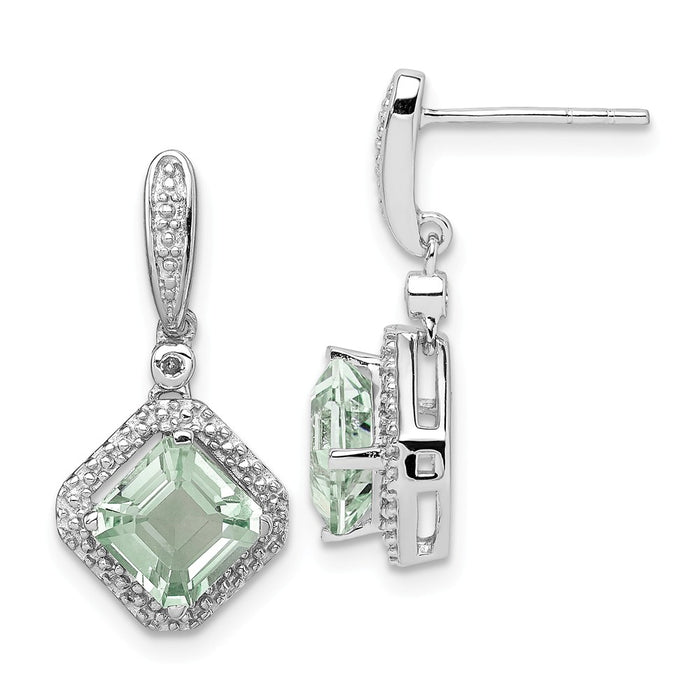 925 Sterling Silver Rhodium Diamond & Green Quartz Post Dangle Earrings, 22mm x 10mm
