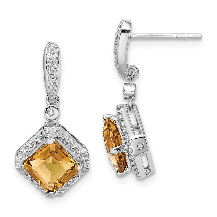 925 Sterling Silver Rhodium-plated Diamond & Whiskey Quartz Post Dangle Earrings, 22mm x 10mm