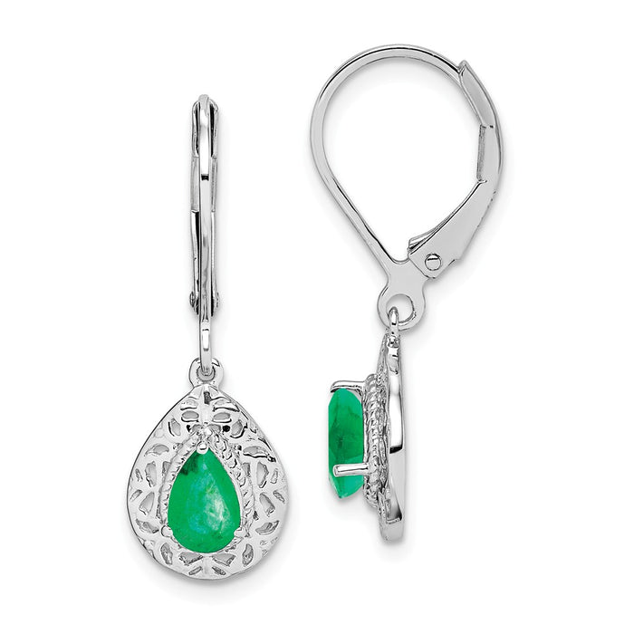 925 Sterling Silver Rhodium-plated Emerald Teardrop Lever Back Earrings, 28mm x 9mm