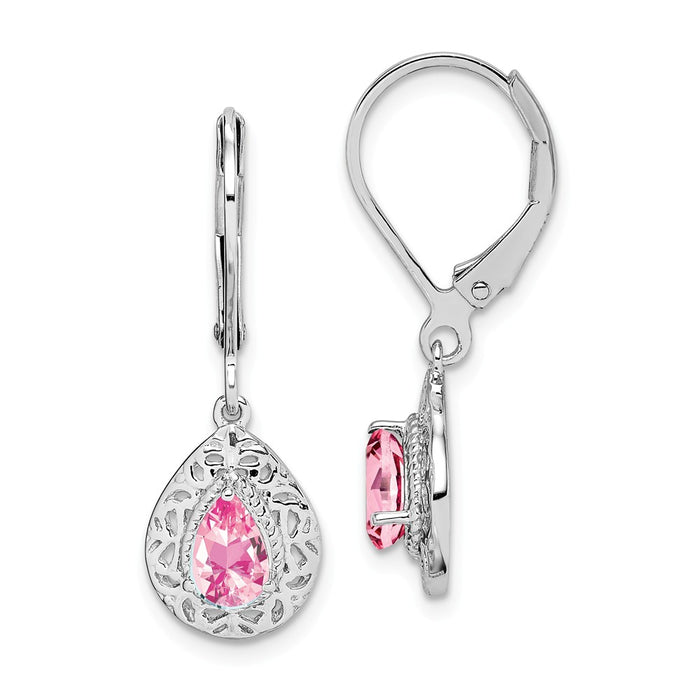925 Sterling Silver Rhodium-plated Pink Tourmaline Lever Back Earrings, 28mm x 9mm