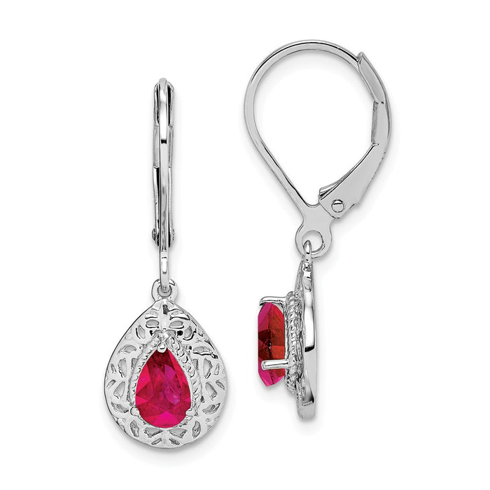 925 Sterling Silver Rhodium Glass Filled Ruby Teardrop Lever Back Earrings, 28mm x 9mm