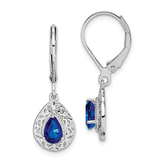 925 Sterling Silver Rhodium-plated Sapphire Teardrop Lever Back Earrings, 28mm x 9mm