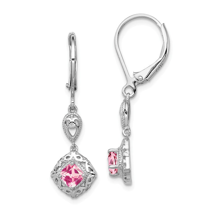 925 Sterling Silver Rhodium-plated Pink Tourmaline Lever Back Earrings, 33mm x 9mm