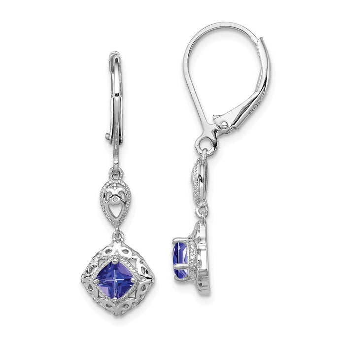 925 Sterling Silver Rhodium-plated Tanzanite Lever Back Earrings, 34mm x 9mm