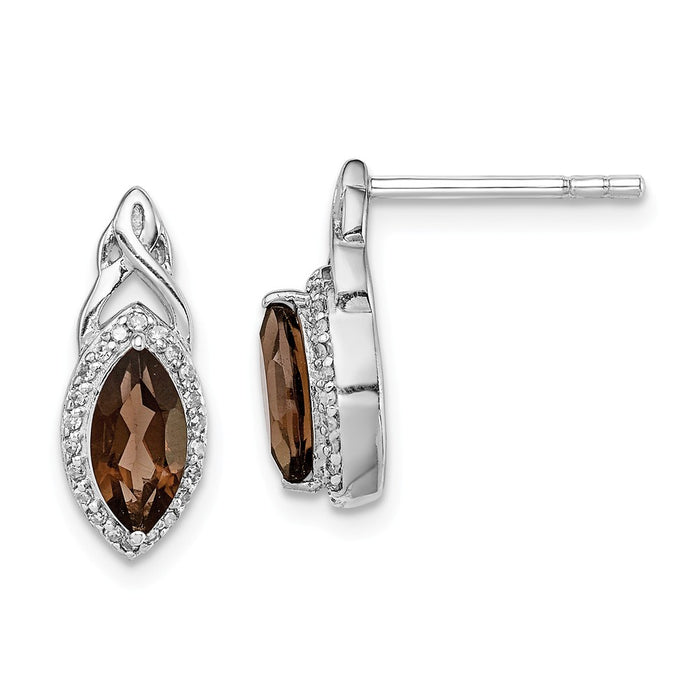 925 Sterling Silver Rhodium-plated Diamond & Smoky Quartz Post Earrings, 14mm x 6mm