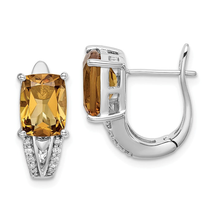 925 Sterling Silver Rhodium-plated Diamond & Whiskey Quartz Hinged Earrings, 15mm x 6mm