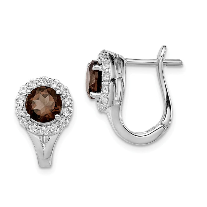 925 Sterling Silver Rhodium White Topaz & Smoky Quartz Hinged Earrings, 14mm x 15mm