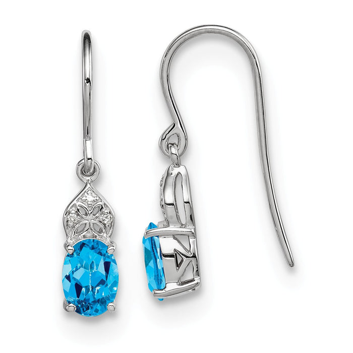 925 Sterling Silver Rhodium Diamond & Light Swiss Blue Topaz Oval Earrings, 21mm x 5mm