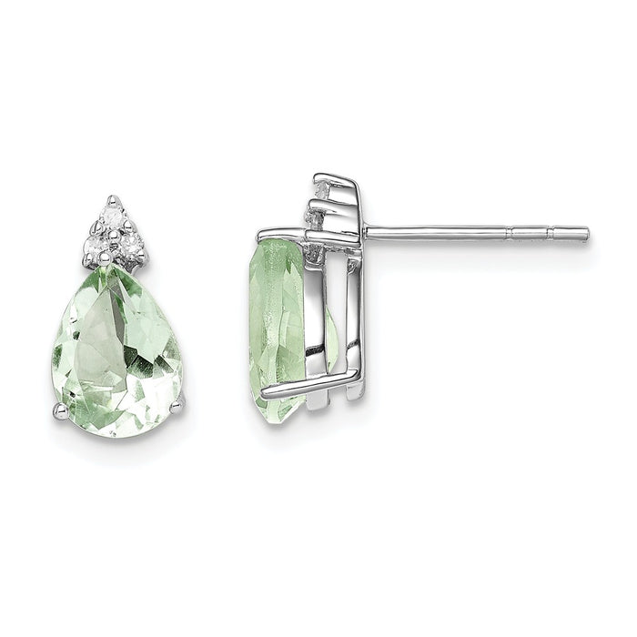 925 Sterling Silver Rhodium Diamond & Green Quartz Teardrop Post Earrings, 11mm x 6mm