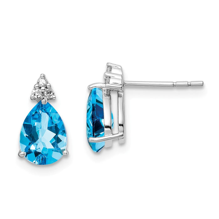 925 Sterling Silver Rhodium Diamond & Light Swiss Blue Topaz Post Earrings, 11mm x 6mm