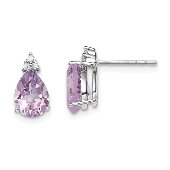 925 Sterling Silver Rhodium Diamond & Pink Quartz Teardrop Post Earrings, 11mm x 6mm