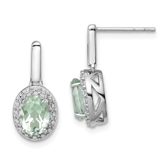925 Sterling Silver Rhodium-plated Green Quartz Oval Post Dangle Earrings, 8mm x 4mm
