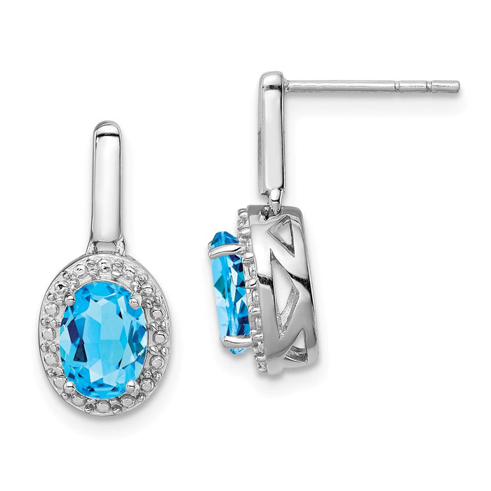 925 Sterling Silver Rhodium Light Swiss Blue Topaz Oval Post Dangle Earrings, 8mm x 4mm