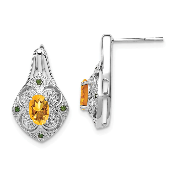 925 Sterling Silver Rhodium Wht & Green Diamond & Citrine Oval Post Earrings, 18mm x 11mm