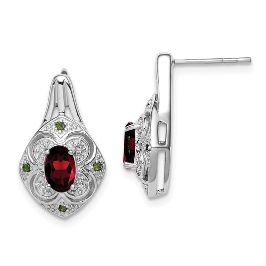 925 Sterling Silver Rhodium White & Green Diamond  & Garnet Oval Post Earrings, 18mm x 11mm