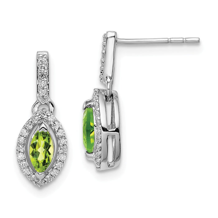 925 Sterling Silver Rhodium-plated Diamond & Peridot Post Dangle Earrings, 16mm x 6mm