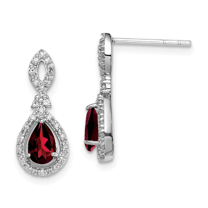 925 Sterling Silver Rhodium-plated Diamond & Garnet Teardrop Post Earrings, 17mm x 7mm