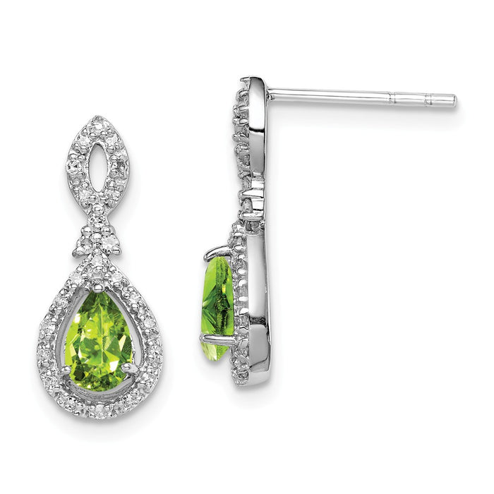 925 Sterling Silver Rhodium-plated Diamond & Peridot Teardrop Post Earrings, 17mm x 7mm