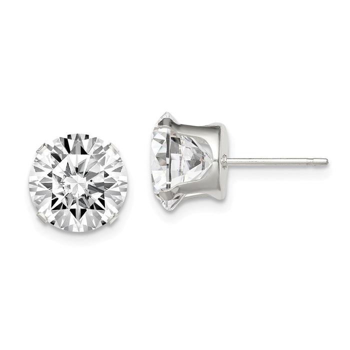 925 Sterling Silver 9mm Round Snap Set Cubic Zirconia ( CZ ) Stud Earrings, 9mm x 9mm