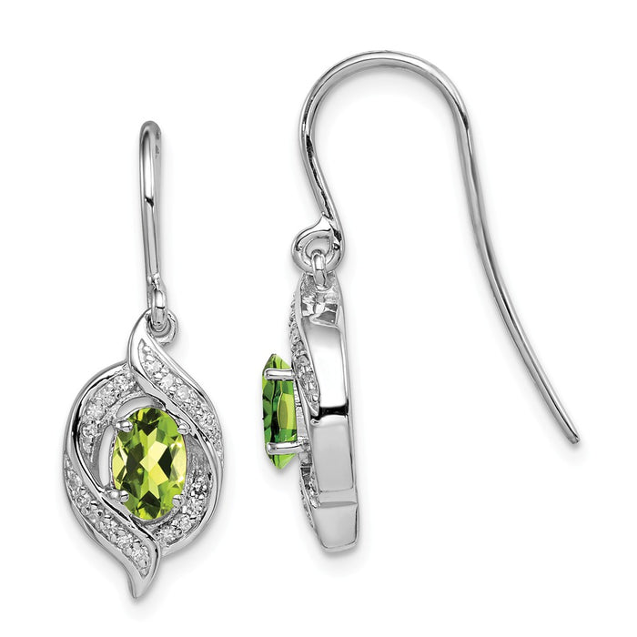 925 Sterling Silver Rhodium-plated Diamond & Peridot Shepherd Hook Earrings, 26mm x 9mm