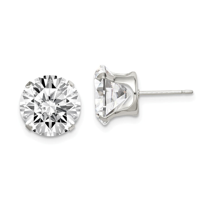 925 Sterling Silver 10mm Round Snap Set Cubic Zirconia ( CZ ) Stud Earrings, 10mm x 10mm