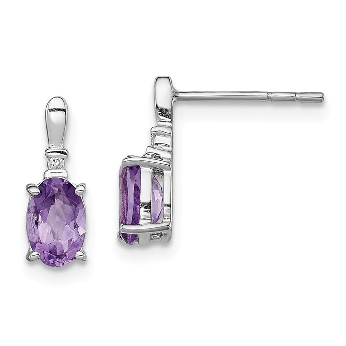925 Sterling Silver Rhodium-Plated Diamond  & Amethyst Oval Post Earrings, 11mm x 4mm