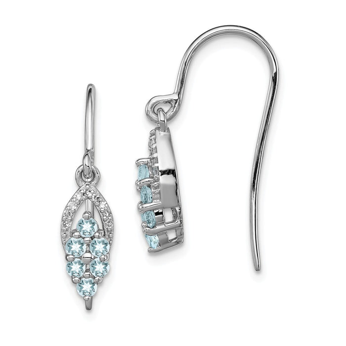 925 Sterling Silver Rhodium Diamond & Aquamarine Shepherd Hook Earrings, 24mm x 5mm