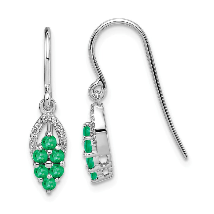925 Sterling Silver Rhodium-plated Diamond  & Emerald Shepherd Hook Earrings, 25mm x 5mm