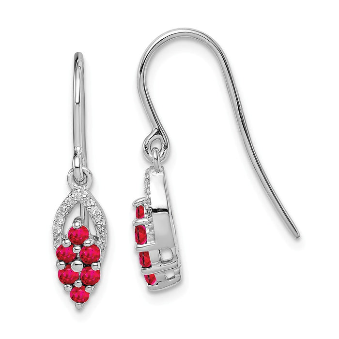 925 Sterling Silver Rhodium Diamond & Glass Fill Ruby Shepherd Hook Earrings, 25mm x 5mm