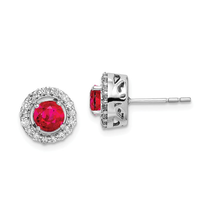 925 Sterling Silver Rhodium Diamond & Glass Filled Ruby Circle Post Earrings, 9mm x 9mm
