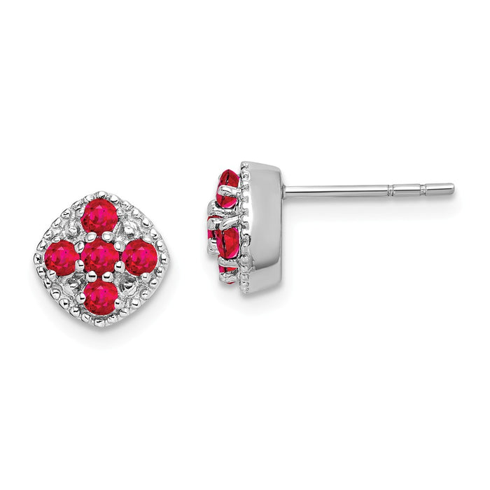 925 Sterling Silver Rhodium-plated Glass Filled Ruby Flower Post Earrings, 7mm x 7mm