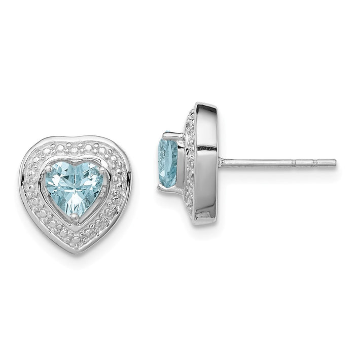 925 Sterling Silver Rhodium-plated Aquamarine Teardrop Heart Post Earrings, 10mm x 10mm