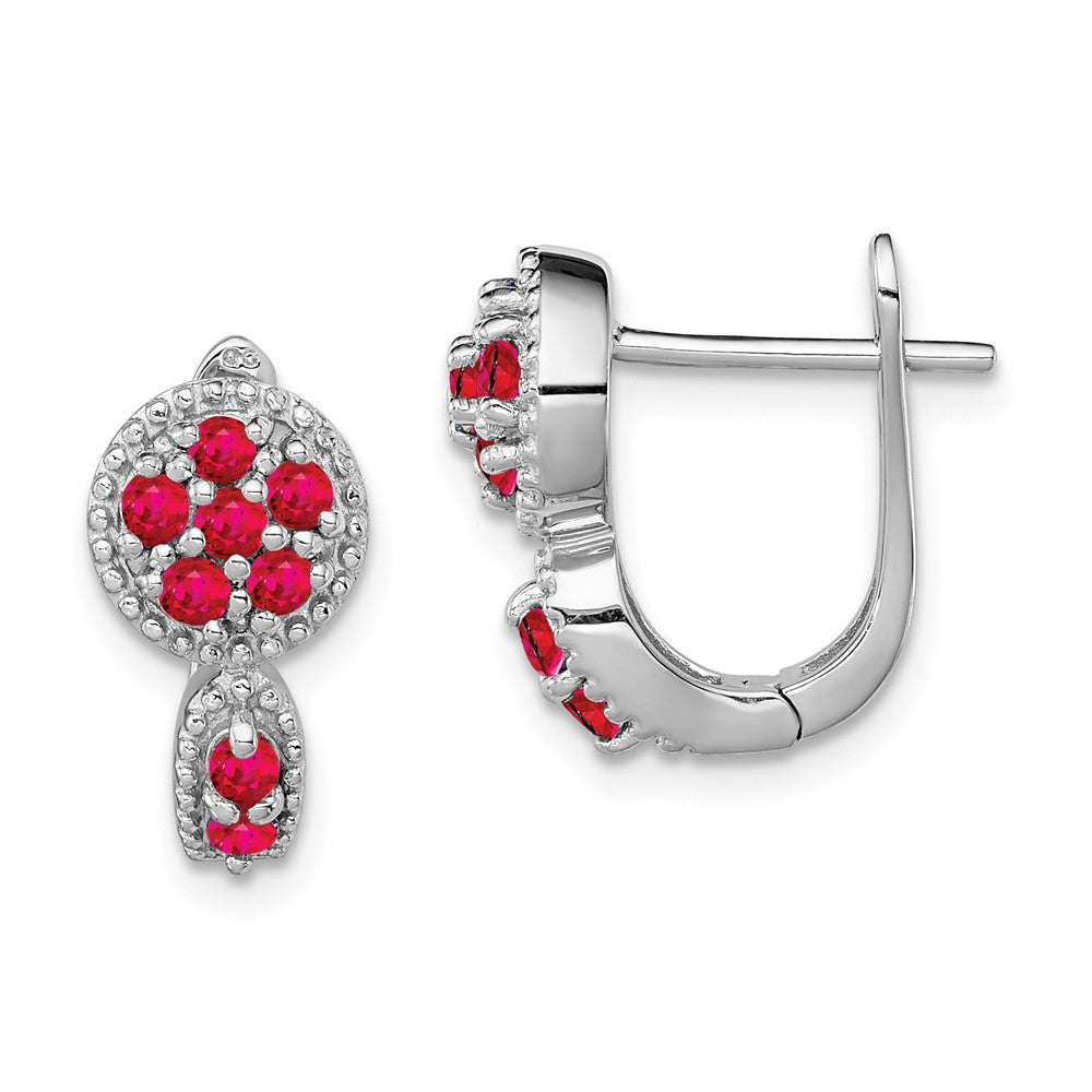 925 Sterling Silver Rhodium-plated Glass Filled Ruby Circle Hinged Earrings, 14mm x 14mm