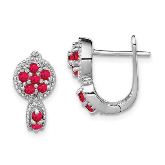 925 Sterling Silver Rhodium-plated Glass Filled Ruby Circle Hinged Earrings, 14mm x 14mm