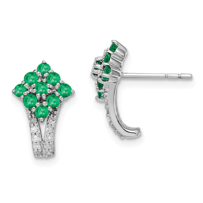 925 Sterling Silver Rhodium-plated Diamond & Emerald Square Post Earrings, 9mm x 9mm