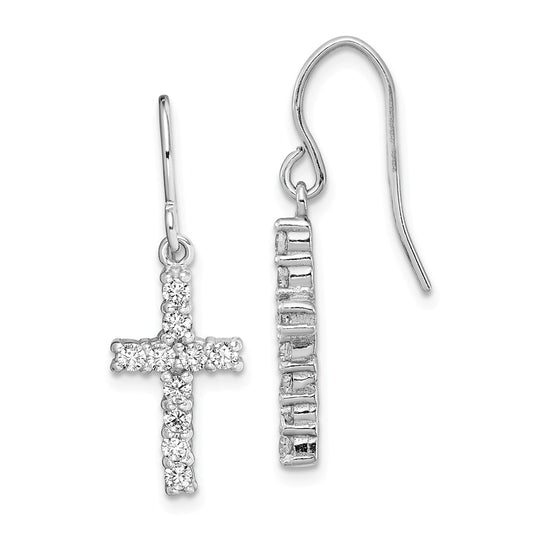 925 Sterling Silver Rhodium-plated Cubic Zirconia ( CZ ) Cross Earrings, 32mm x 12mm