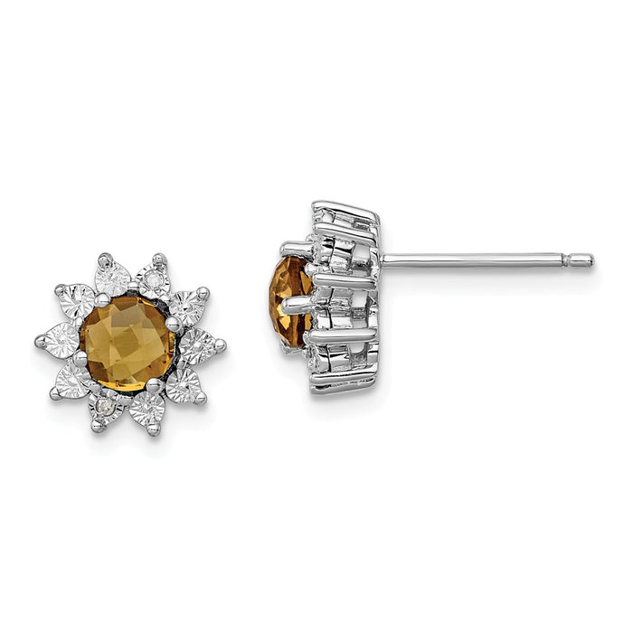 925 Sterling Silver Rhodium-plated Diamond Whiskey Quartz Earrings, 10mm x 10mm