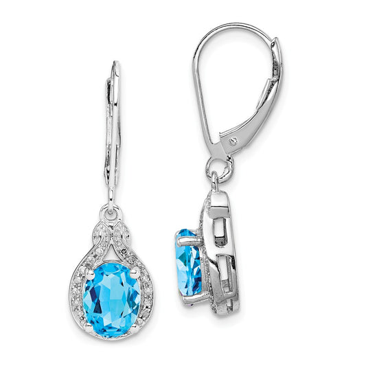 925 Sterling Silver Rhodium-plated Diamond Blue Topaz Earrings, 30mm x 9mm
