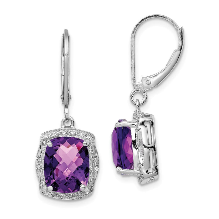 925 Sterling Silver Rhodium-plated Diamond Amethyst Earrings, 30mm x 12mm