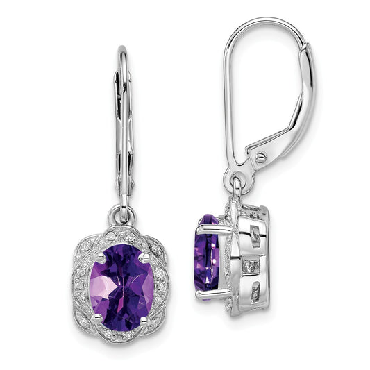 925 Sterling Silver Rhodium-plated Diamond Amethyst Earrings, 28mm x 9mm