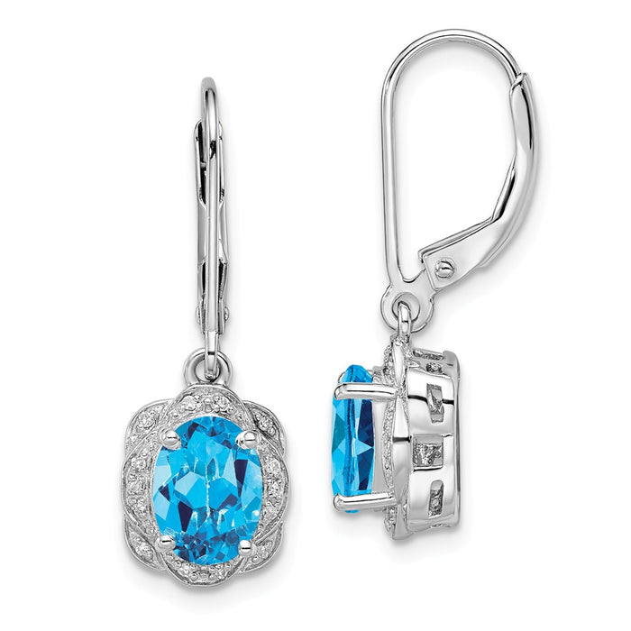 925 Sterling Silver Rhodium-plated Diamond Blue Topaz Earrings, 28mm x 9mm